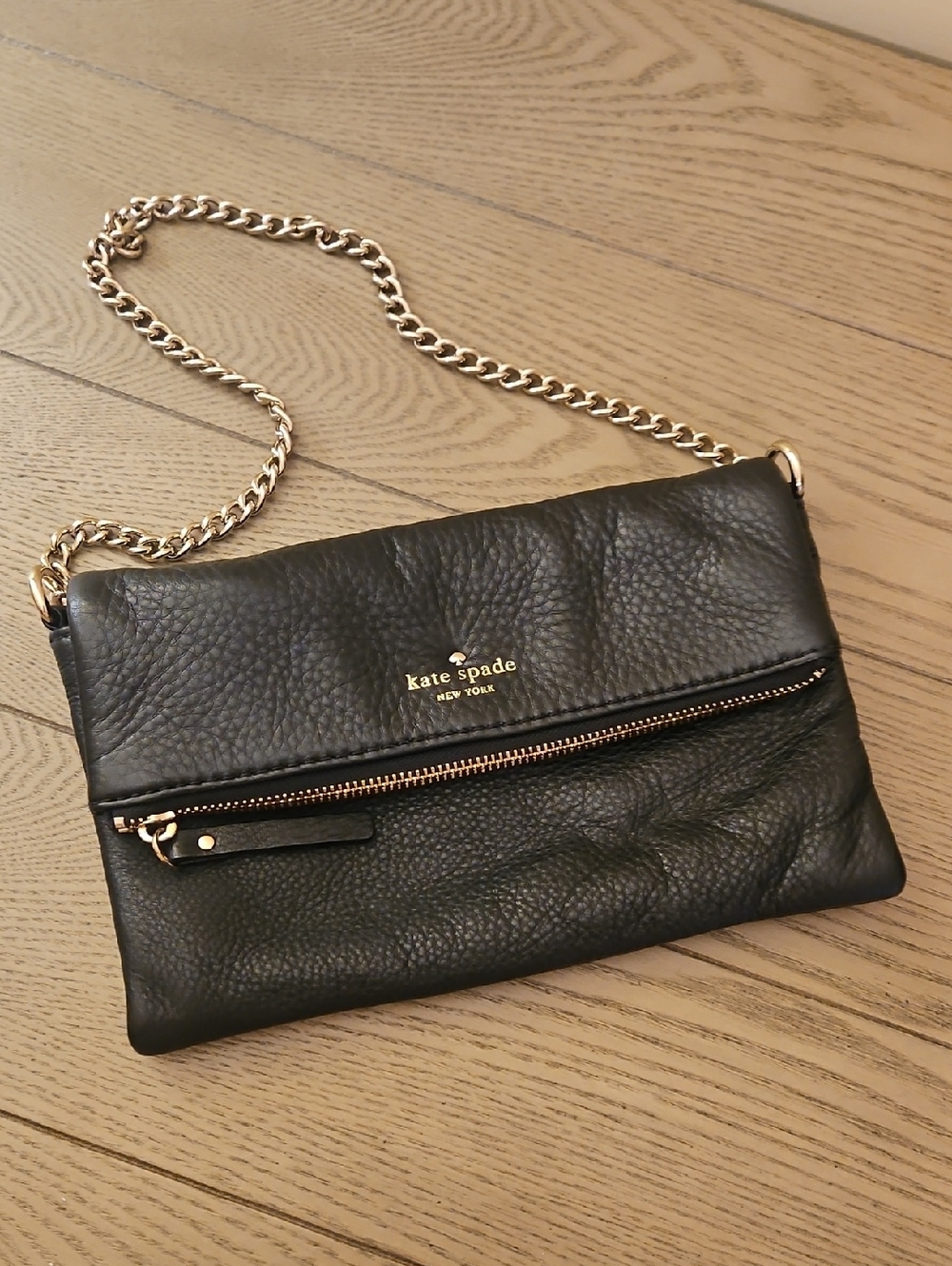kate spade Black Pebble Leather Foldover Crossbody with Gold Chain